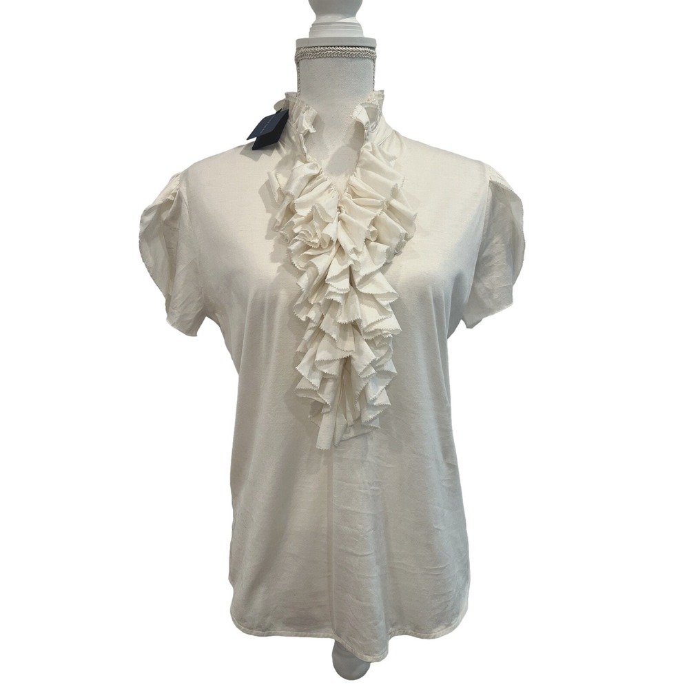 Ralph Lauren Ruffle Neck Cream Cotton Top Romantic Elevated Bohemian SZ L  $198.